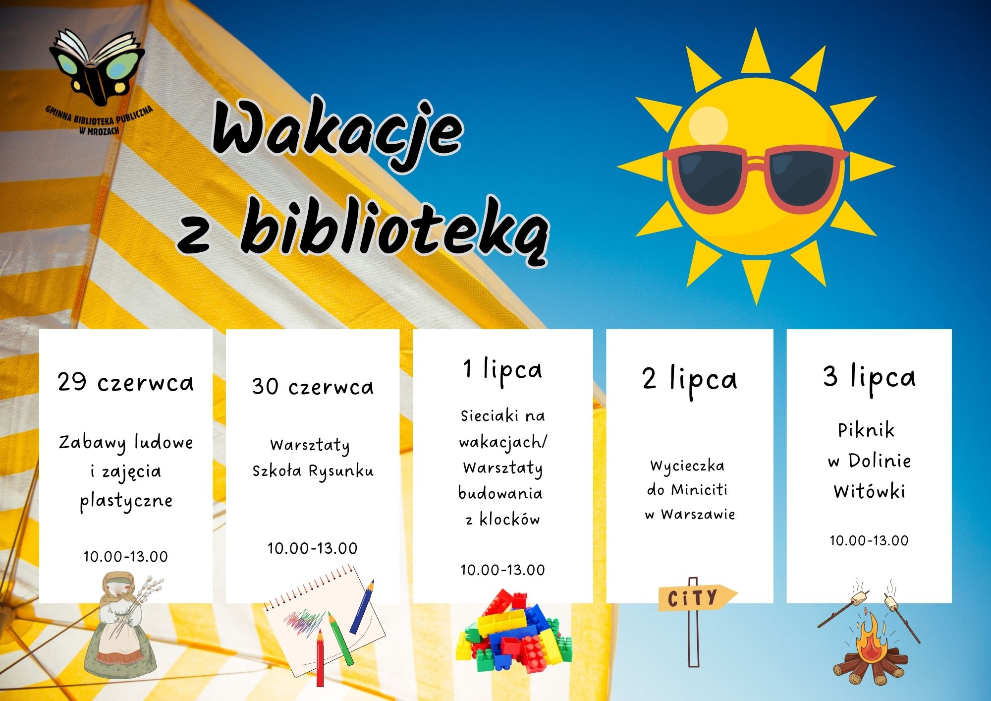 plakat informujący o&nbsp;wakacjach z&nbsp;biblioteką
