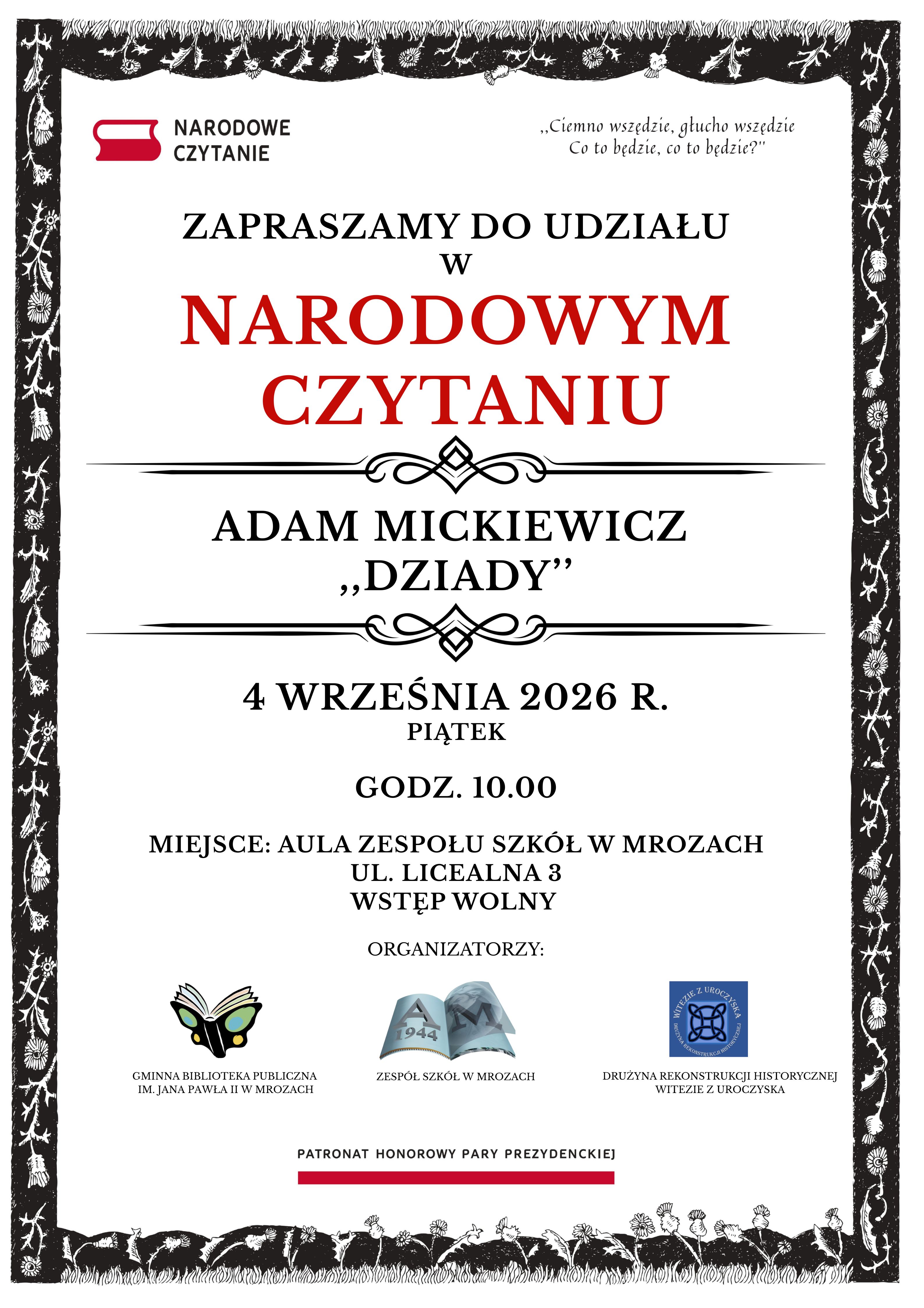 plakat informujący o&nbsp;Narodowym Czytaniu 2026